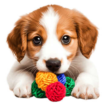 Adorable Puppy Playing with Colorful Yarn Ball in Bright Studio Setting png