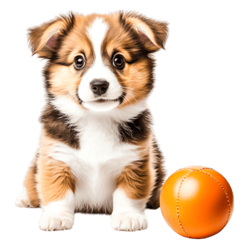 Adorable puppy with brown and white fur sitting next to an orange ball png