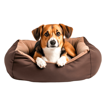 Adorable Beagle Dog Sitting Comfortably in a Soft Pet Bed png