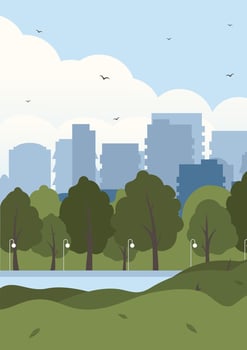 City park with green trees, lanterns and town buildings on skyline. cartoon spring landscape vector