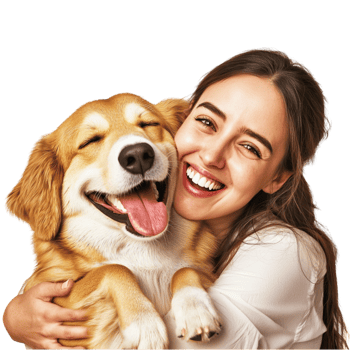 Smiling woman hugging her happy golden retriever dog png