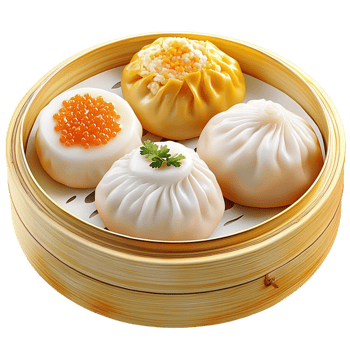 Steamed dumplings in a bamboo basket colorful toppings png