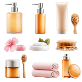Luxurious spa set bottles towels brushes scented cles png