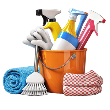 Orange bucket filled various cleaning supplies tools png