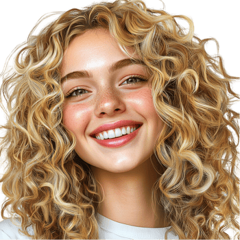 Smiling woman curly golden hair eyes png