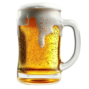 Frosty glass mug filled golden beer topped foamy bubbles png