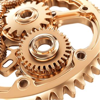 Complex golden gears interlocking perfectly in a precise mechanical system png