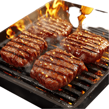 Juicy beef steaks sizzling on a flaming hot grill grill marks png