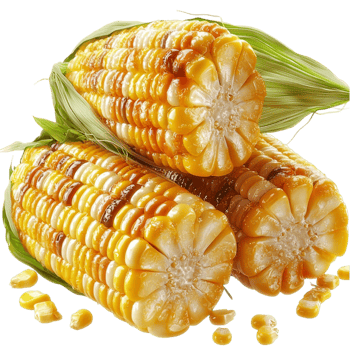 Grilled corn on the cob golden kernels husks partially peeled back png
