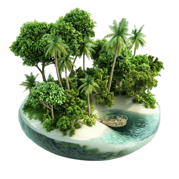 Miniature tropical isl lush palm trees surrounded by blue water png