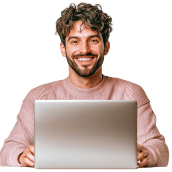 Smiling man in a pink sweater working on his laptop png