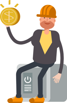Engineer Character Sitting on Safe and Holding Dollar Coin png