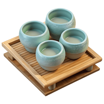 beautiful traditional Tea Ceremony Porcelain Cups Bamboo Tray Transparent Background exclusive png