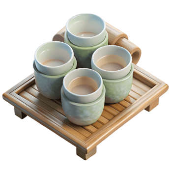 beautiful creative Tea Ceremony Porcelain Cups Bamboo Tray Transparent Background high quality png