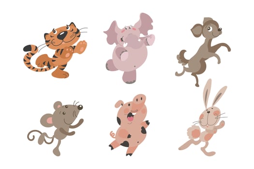 Children's animal set, cute pig, puppy, bunny, elephant, mouse and tiger. Print for children, children's textile, children's bedroom decor, postcard vector