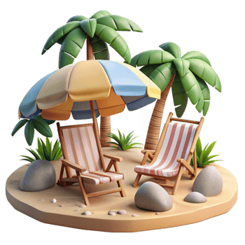 serene creative Tropical Beach with Umbrellas and Chairs Isolated authentic png