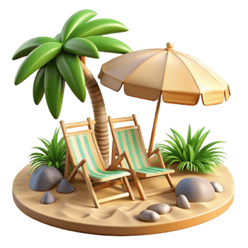 impressive modern Tropical Beach with Umbrellas and Chairs Isolated detailed png