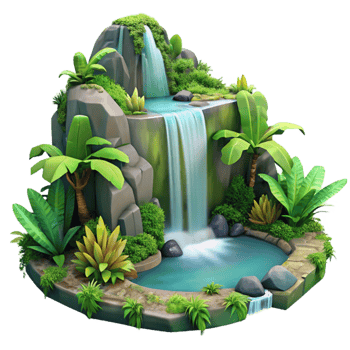 elegant vintage Tropical Waterfall Landscape with Lush Vegetation Isolated authentic png