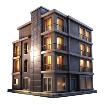 vibrant minimalist Urban Apartment Building Facade Night View Transparent Background detailed png