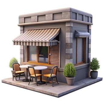 dramatic traditional Urban Cafe Exterior with Outdoor Seating Isolated premium png