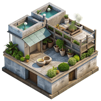 dramatic classic Urban Rooftop Garden Aerial View Transparent Background authentic png