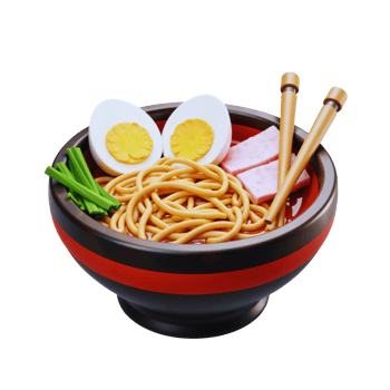 Delicious ramen bowl featuring noodles, eggs and toppings png
