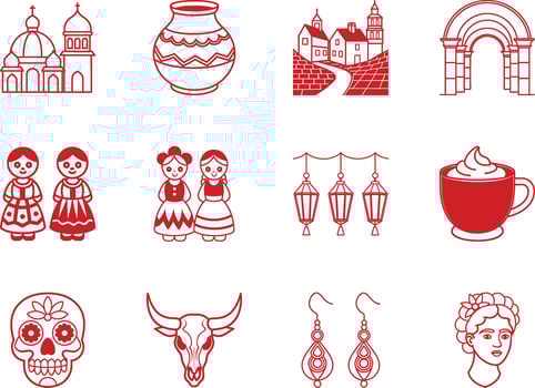 A Collection of Twelve Red Outline cinco de mayo day graphic element icons set Icons Representing Mexican Culture and Traditions vector