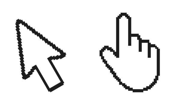 Computer Cursor And Hand Icon In Pixelated Icon Set. Pixel Art Symbol Collection Of Computer Cursor And Hand Icons In Pixel Style. Isolated Illustration vector