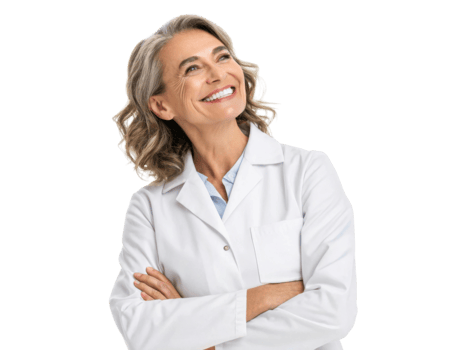 Smiling woman in white lab coat, looking confidently upward, expressing positivity and professionalism png