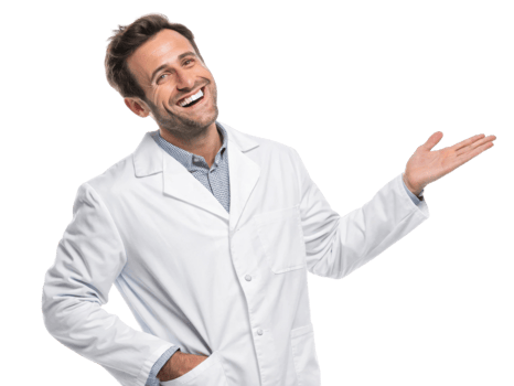 Smiling man in white lab coat, presenting with welcoming gesture, exuding confidence and professionalism png