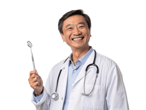 Smiling doctor holding dental mirror, wearing white coat and stethoscope, promoting health png