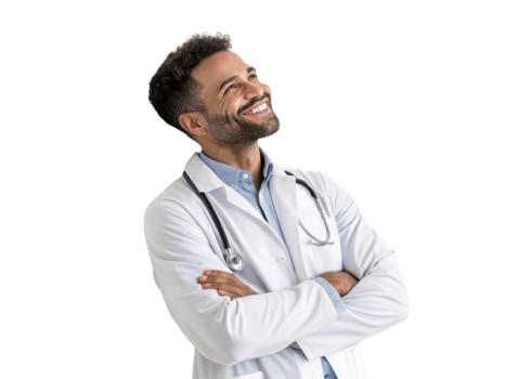 Smiling doctor in white coat with stethoscope, looking up confidently png