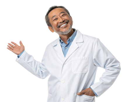 smiling man in white lab coat, presenting confidently. He has gray hair and friendly demeanor png