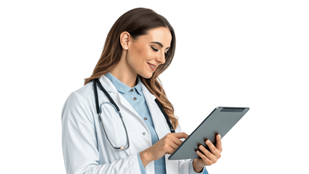 female doctor in white coat using tablet, smiling and engaged png