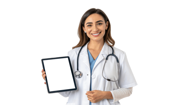 smiling female doctor holding tablet, wearing white coat and stethoscope, ready to assist patients png