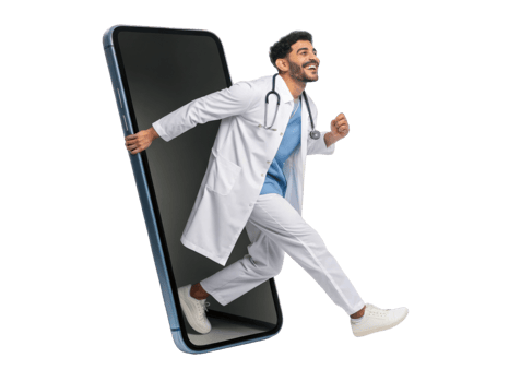 Doctor emerging from smartphone, symbolizing telemedicine and healthcare innovation png