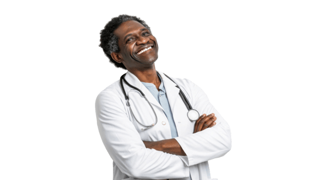 Smiling doctor in white coat with stethoscope, exuding confidence and care png