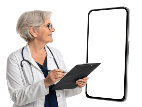 Senior woman doctor smiling, holding clipboard, looking at smartphone png