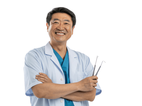 smiling dentist in white coat holding dental tools, exuding confidence and professionalism png
