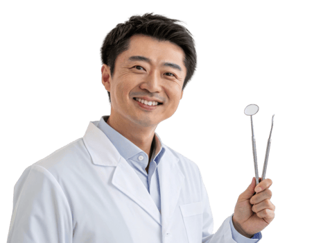 smiling dentist holding dental tools, wearing white coat and blue shirt png