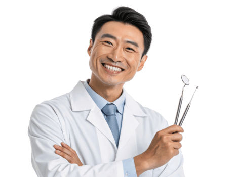 Smiling dentist holding dental tools, wearing white coat and tie png