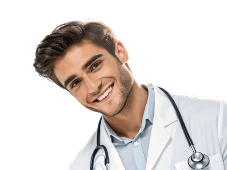 Smiling male doctor in white coat with stethoscope, conveying professionalism and care png