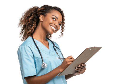 smiling healthcare professional writing notes on clipboard png