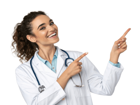 smiling female doctor in white coat pointing with both hands, conveying positivity and professionalism png