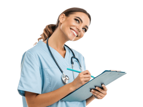 smiling healthcare professional in scrubs holding clipboard and pen, ready to assist png