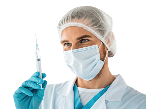Healthcare professional holding syringe, wearing gloves and mask png