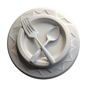 stunning artistic White Ceramic Plate with Fork and Knife Isolated png
