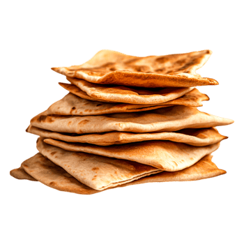 Freshly Baked Flatbreads Stacked High Wooden Surface in Natural Light png