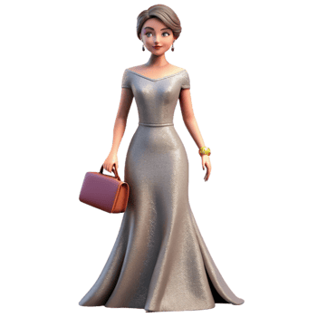 serene contemporary Woman in Evening Gown Holding Purse Isolated premium png