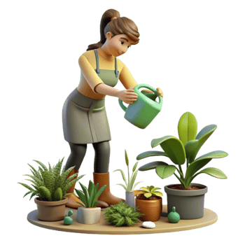 serene contemporary Woman Watering Plants in Garden Isolated genuine png